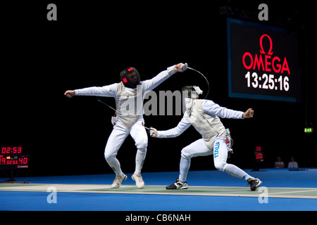 Final of the team foil fencing at the Olympic test event, London's ExCeL arena. Won by Team GB. Stock Photo