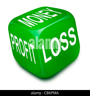 Green dice with the words MONEY, PROFIT and LOSS printed on its sides Stock Photo