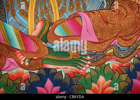 Green Tara thangka feet detail. painted in Nepal