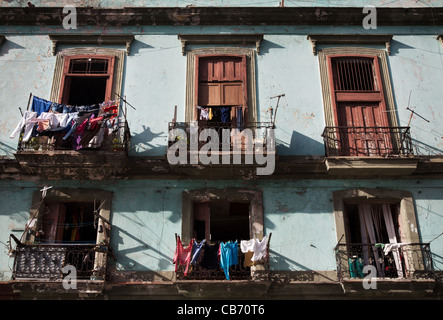 Balconies with drying wash, Havana (La Habana), Cuba Stock Photo