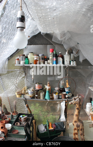 Cluttered domestic greenhouse in a suburban garden. Stock Photo