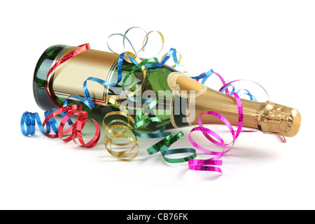 Bottle of champagne with streamers,isolated on white. Stock Photo
