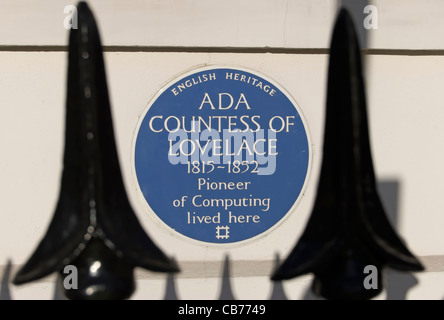 blue plaque marking a home of 19th century computer pioneer ada countess of lovelace, st james's square, london, england Stock Photo