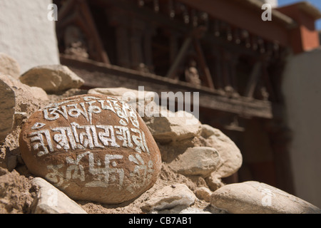 Rock carved with Tibetan Buddhist script at Alchi, (Ladakh) Jammu & Kashmir, India