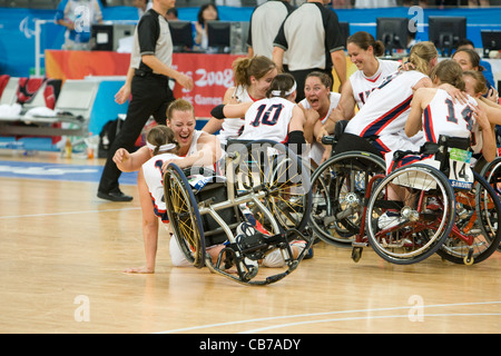 Beijing, China September 14, 2008: Day nine Paralympic Games showing happy USA (light) women wheelchair defeat Germany Stock Photo