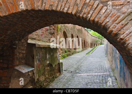 City wall and cobbled street, Sibiu, Romania Stock Photo