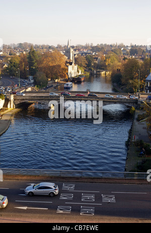 River Medway at Maidstone with traffic on bridges Stock Photo