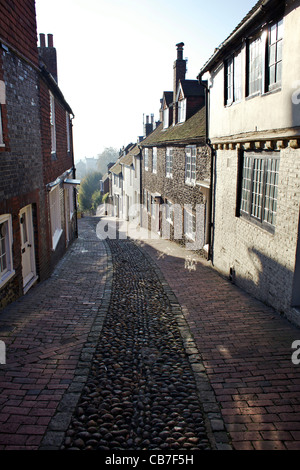 Looking south along Keere Street inLewes with cobbled street and views towards the south downs Stock Photo