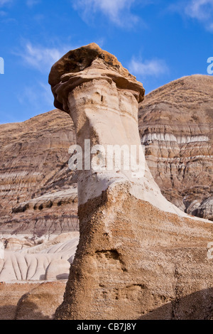 Hoodoos in the Canadian Badlands in Alberta, Canada. East of Drumheller, the Hoodoo Drive Trail (Hwy 10) is named for these oddly shaped formations. Stock Photo