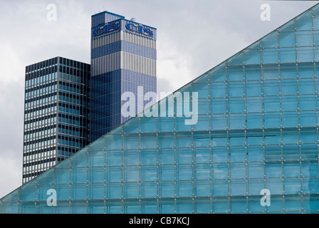Urbis, the home of the National Football Museum in Manchester, UK. With the CIS building Stock Photo