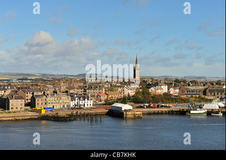 Elevated view  over town of Montrose, Angus, Scotland, with the steeple of Old and St. Andrew's Church dominating the skyline. Stock Photo