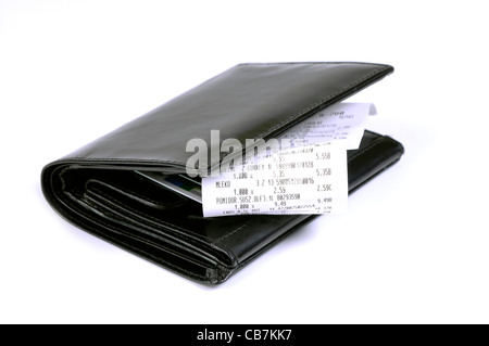 black leather wallet and bills of sale isolated on a white background Stock Photo