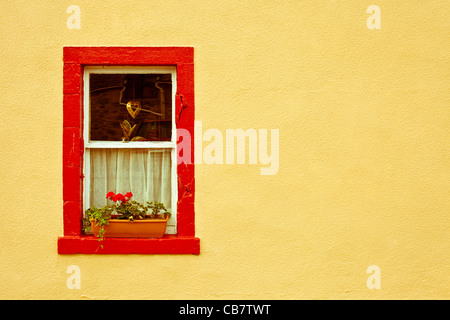 vibrant red window frame in a yellow wall Stock Photo