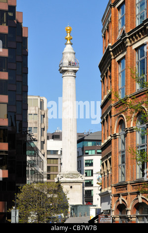 The Monument London Doric column in Portland stone commemorating Great Fire of London tourists on public viewing platform City of London England UK Stock Photo