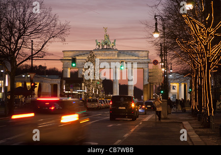 Unter den Linden, Brandenburg Gate, Christmas illumination, evening, winter, traffic, avenue, street, Berlin, Germany, Europe Stock Photo