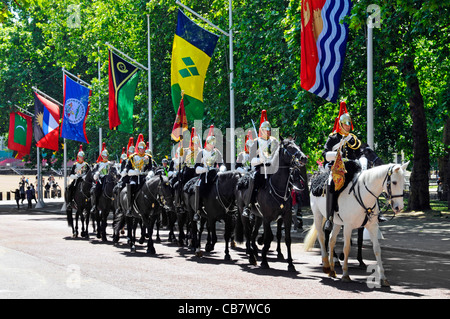 Blues and Royals Household Cavalry regiment departing Horse Guards Parade Ground after ceremonial changing of the guard ceremony London England UK Stock Photo