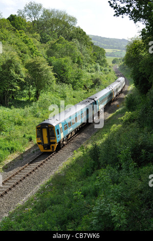 An Arriva Trains Wales Class 158 diesel multiple unit on a service from Aberystwyth and Pwllheli to Shrewsbury near Welshpool Stock Photo