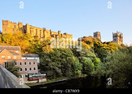 Durham Castle and Cathedral panoramic view on the skyline in soft autumn light under a clear, cloudless blue sky Stock Photo