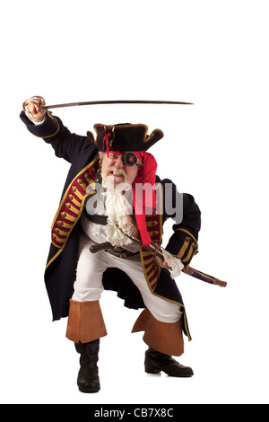 Traditonal pirate with raised sword lunging forward aggressively. Vertical format, isolated on white, with copy space. Stock Photo