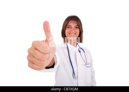 friendly woman doctor making Ok gesture (isolated on white) Stock Photo