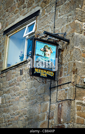 The Mermaid Inn Public House sign, St Mary's Quay, Isles of Scilly. Stock Photo