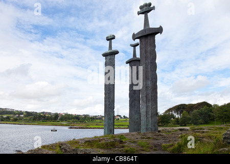 Three large swords stand on the hill as a memory to the Battle of Hafrsfjord in year 872. Hafrsfjord, Stavanger, Norway. Stock Photo