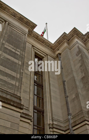 Facade of the National Library of Wales and Welsh flag Stock Photo