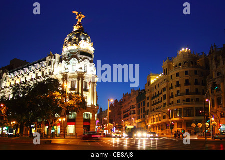 Alcala and Gran Via street in Madrid night city lights Stock Photo