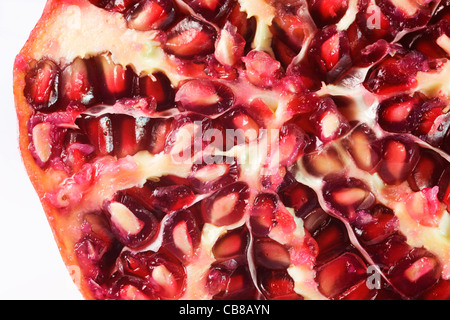 Punica granatum. A cross-section of a pomegranate fruit against a white background Stock Photo