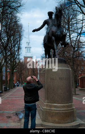 Paul Revere Mall and monument with Old North church behind, Boston Stock Photo