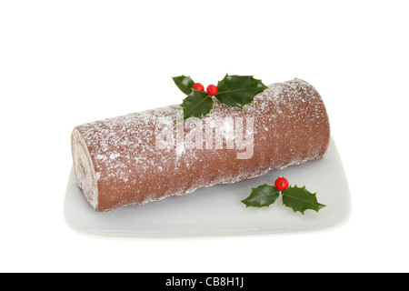 Chocolate Christmas Yule Log on wooden board with decorated biscuits Stock Photo: 148214066 - Alamy