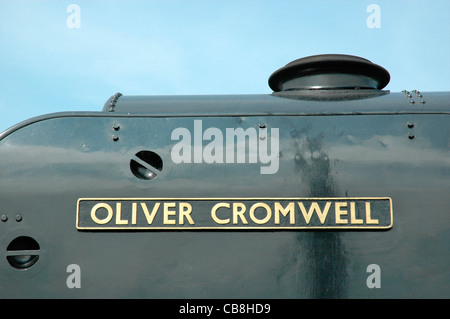 Nameplate of preserved Britannia class steam locomotive No. 70013 Oliver Cromwell, England, UK Stock Photo