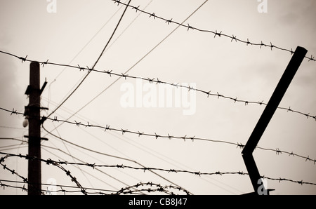 photo of old rusty barbed wire against sky Stock Photo