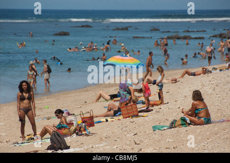 French Overseas territory (aka Francais d'Outre Mer), Reunion Island. Popular swimming beach in the town of St. Pierre. Stock Photo