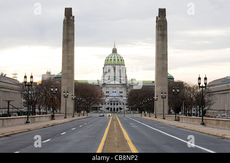 A view of downtown Harrisburg and the Pennsylvania State Capitol building.  Stock Photo