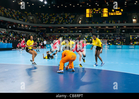 Angola v Austria at the Women's London Handball Cup. Held at the Handball Arena, UK. Stock Photo