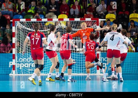Austria v Great Britain at the Women's London Handball Cup. Held at the Handball Arena, UK. Stock Photo