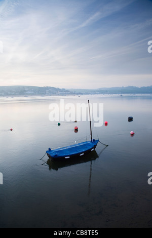 Boat moored on the Torridge estuary at Appledore with Instow in the distance. Devon. England. UK. Stock Photo