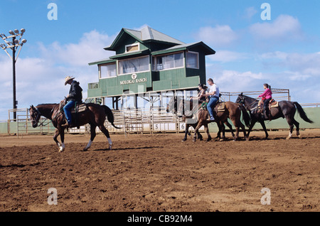 Hawaii, Molokai Ranch, paniolo on horseback in arena Stock Photo