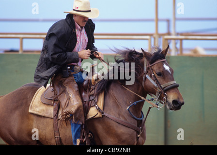 Hawaii, Molokai Ranch, paniolo on horseback in arena Stock Photo