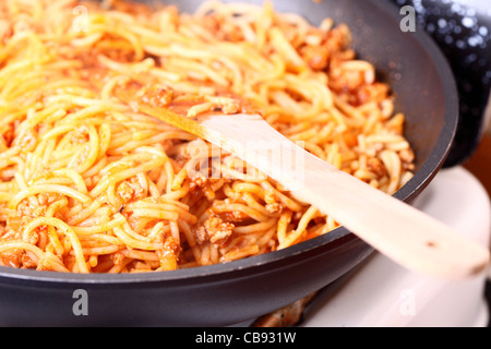 Boiling Spaghetti, frying pan, Pasta in a skillet Stock Photo