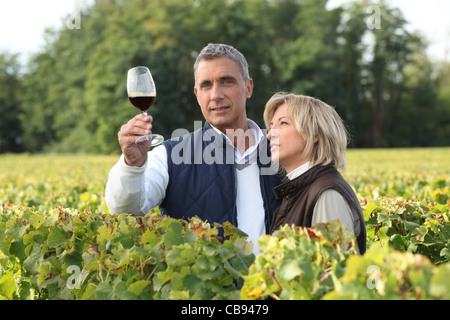 Couple tasting wine in vineyard Stock Photo