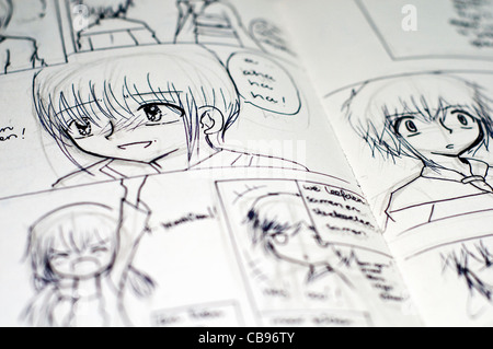 Detail of black and white Japanese-style Manga drawings in a comic book ...