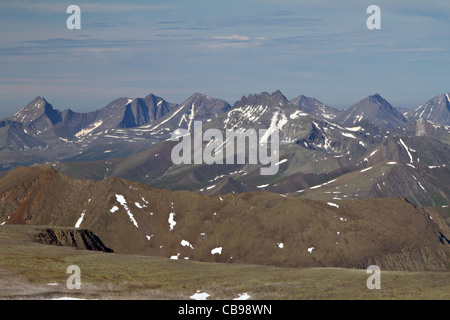 The mountain Manaraga. View from plateau of the mountain Narodnaya. Polar Ural Mountains. National Park Yugyd-Va. Komi. Russia. Stock Photo