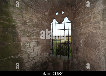 View from interior of Ludlow Castle, Shropshire UK showing window space and bars Stock Photo