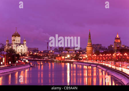 Kremlin and Cathedral of Christ the Saviour, Moscow, Russian Federation at dusk Stock Photo