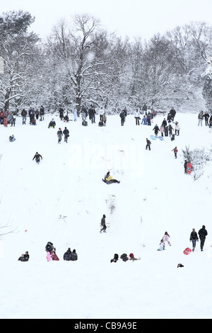 People having fun on a snow covered hill sliding down on toboggans or anything they can find that help them slide down. Stock Photo