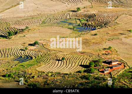 Madagascar, central highlands, village and irrigated, terraced rice paddies Stock Photo