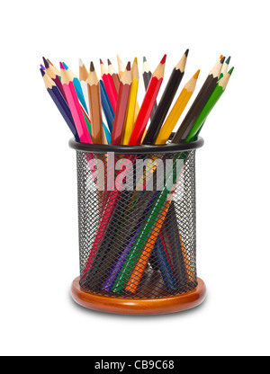 Colorful pencils in holder on white background Stock Photo