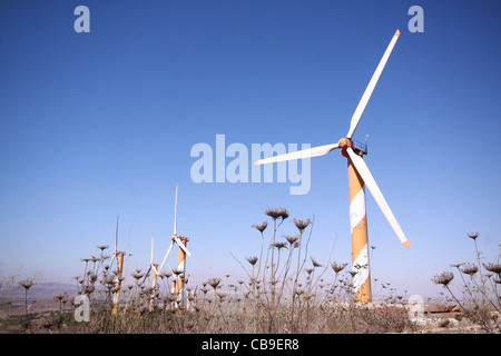 Israel, Golan Heights, View of Wind turbines near kibbutz Ein Zivan, Stock Photo